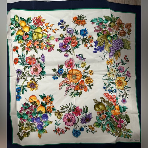 Mantero Silk Navy Trim Colorful Floral Square Scarf Made in Italy - Picture 3 of 17